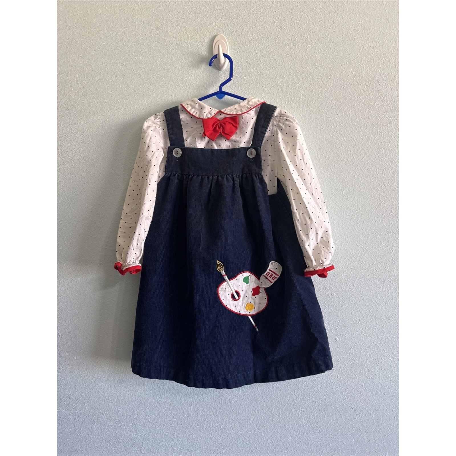 Vintage 80s Evelyn Navy Corduroy Jumper Girls 6 Embroidered Art School Usa
